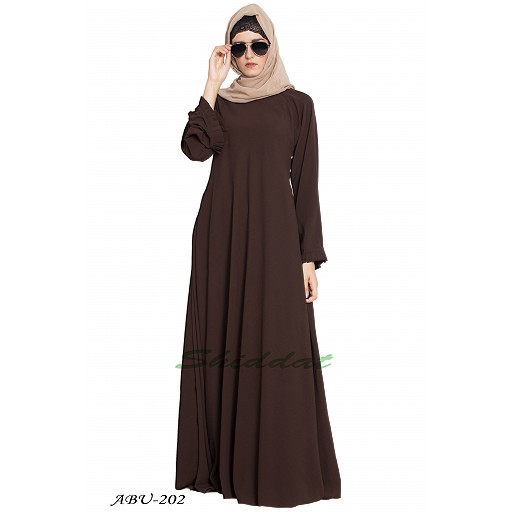 Simple Umbrella abaya with frills on sleeves- Coffee-Brown